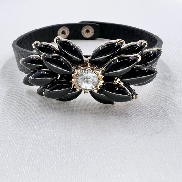 Black Jeweled Double Stacked Flower Gold Tone Black Leather 7” Bracelet - Picture 9 of 9